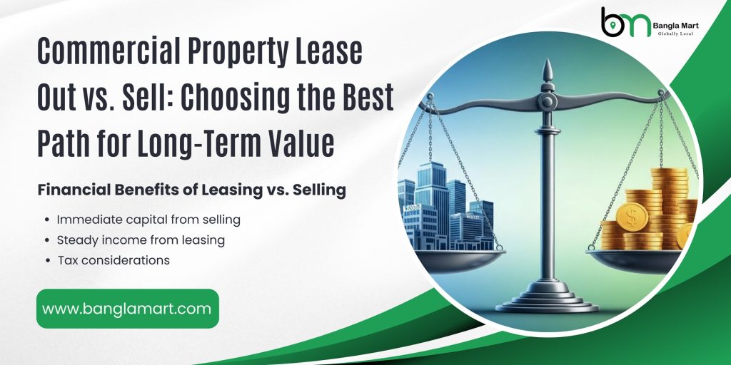 An informational graphic comparing the financial benefits of leasing versus selling a commercial property, with an image of a scale balancing a cityscape against a pile of gold coins.